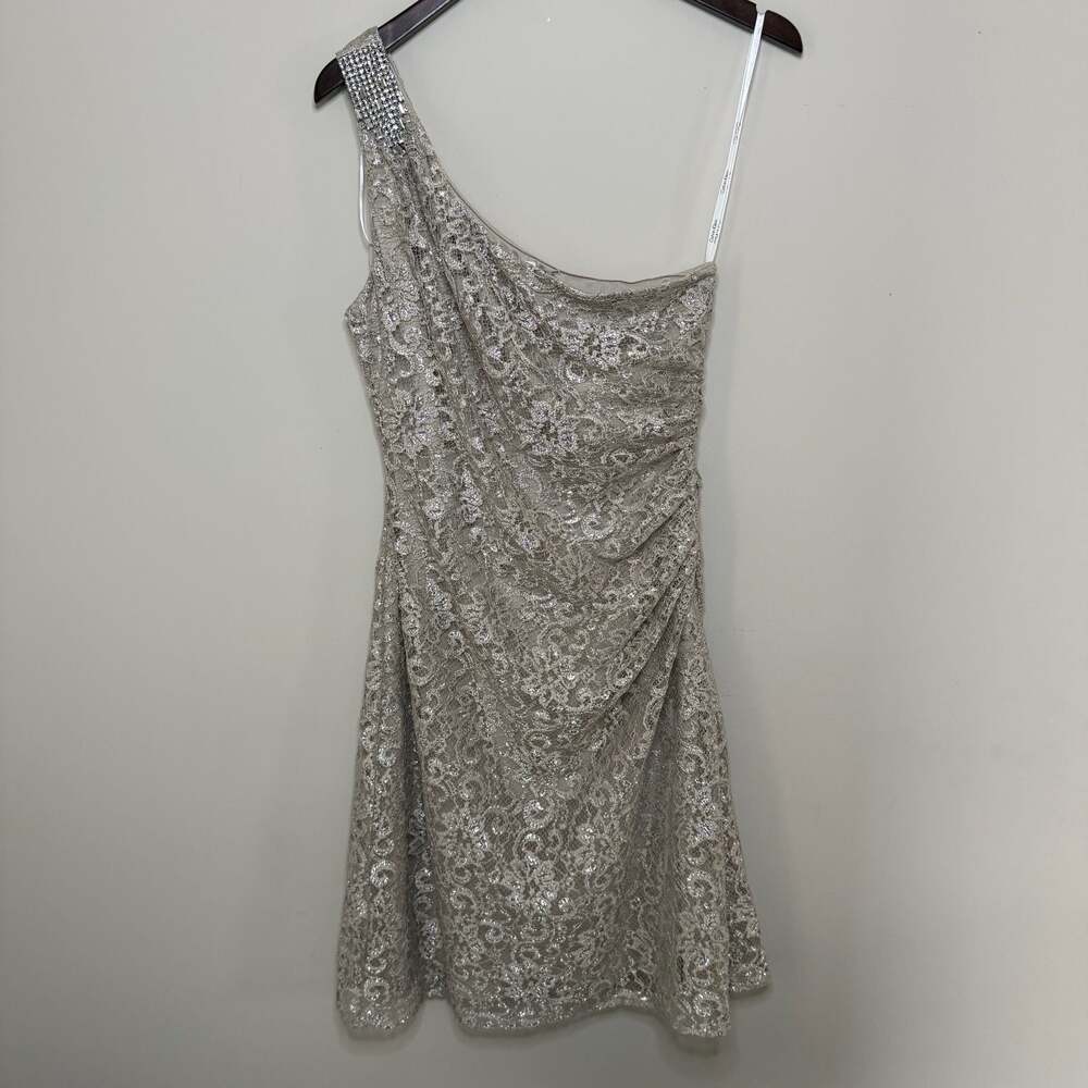 Calvin Klein Metallic Lace One-Shoulder Cocktail Dress with Rhinestone Trim